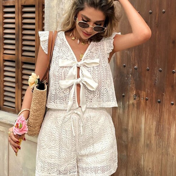 Apricot Boho Womens Lace Embroidered Blouse and Shorts set - Picture 3 of 7